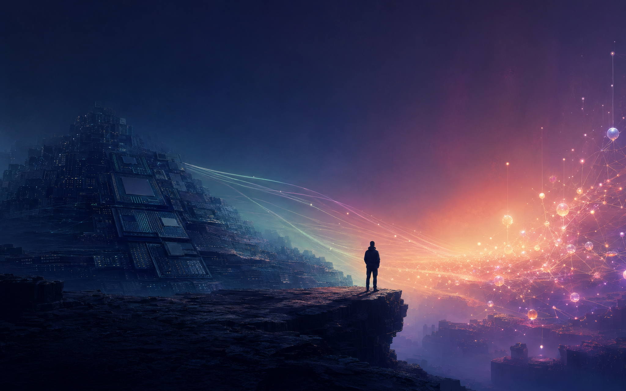封面：剪影人物伫立悬崖之畔，眺望被分裂地平线和远处涌现的发光网络照亮的旷野，象征从 Chatbot 到 Agent 的范式迁移（Poe gpt-image-2 生成，2048×1280）